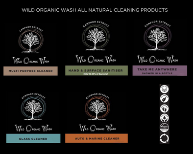 Wild Organic Wash Product labels for Multi Purpose Cleaner, Hand & Surface Sanitiser, Take Me Anywhere Waterless Wash, Glass Cleaner, Auto & Marine Cleaner