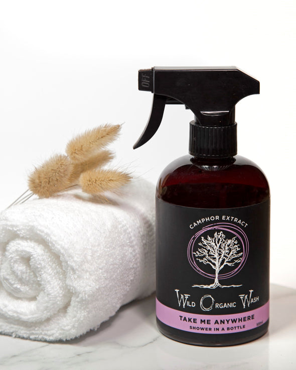 Wild Organic Wash Take Me Anywhere – A waterless skin cleaner & refresher - 500ml spray bottle in bathroom